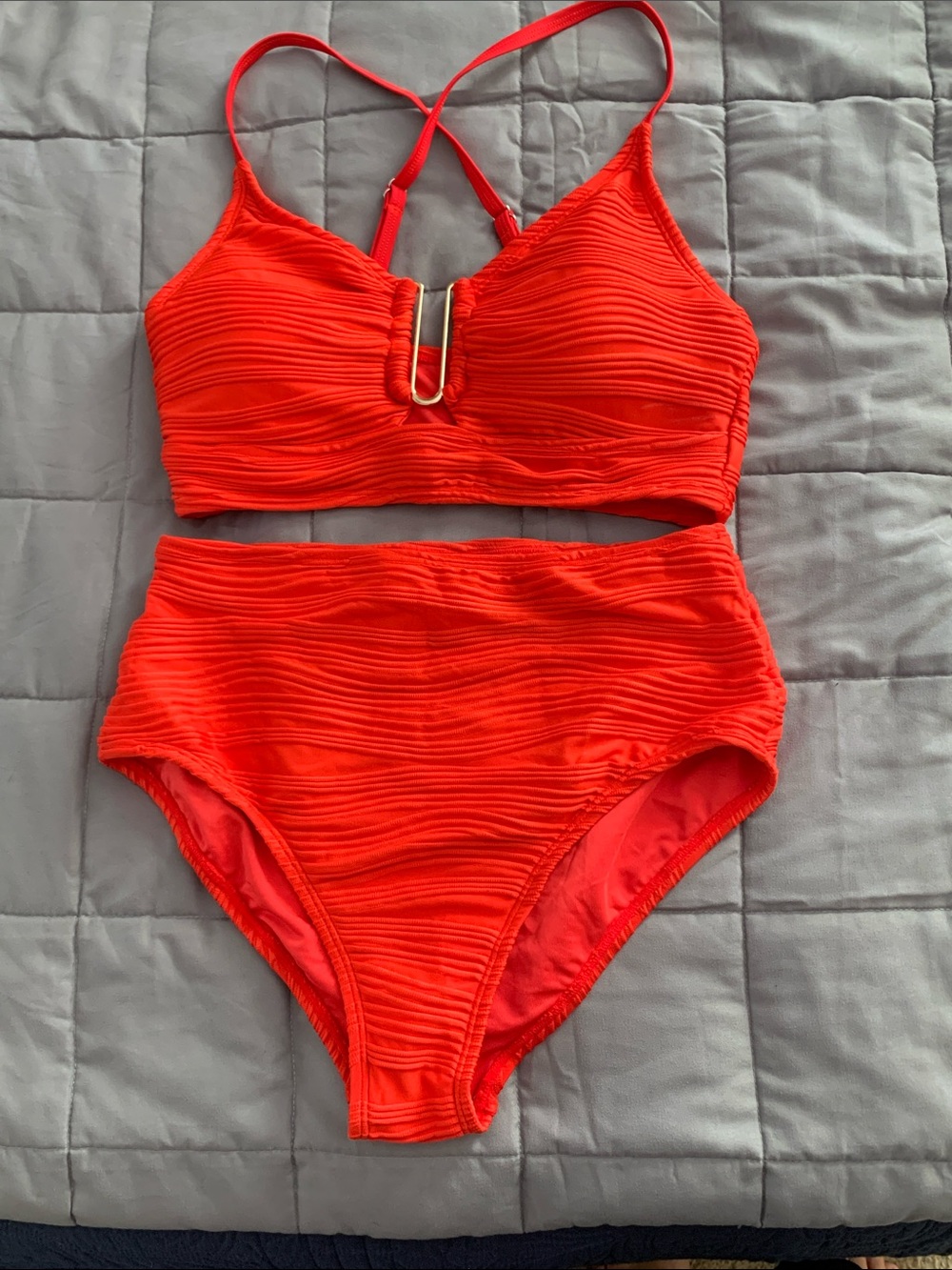 Textured Red Two-Piece Bikini with Gold Accent NWOT